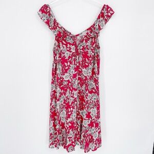 American Eagle Red Ruffle Hawaiian Lace Up Low Back Floral Sundress Small V Neck